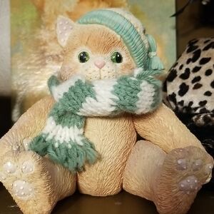 Pricilla Cozy Tan Jointed Leg Cat Figurine with Green and White Scarf Music Box.